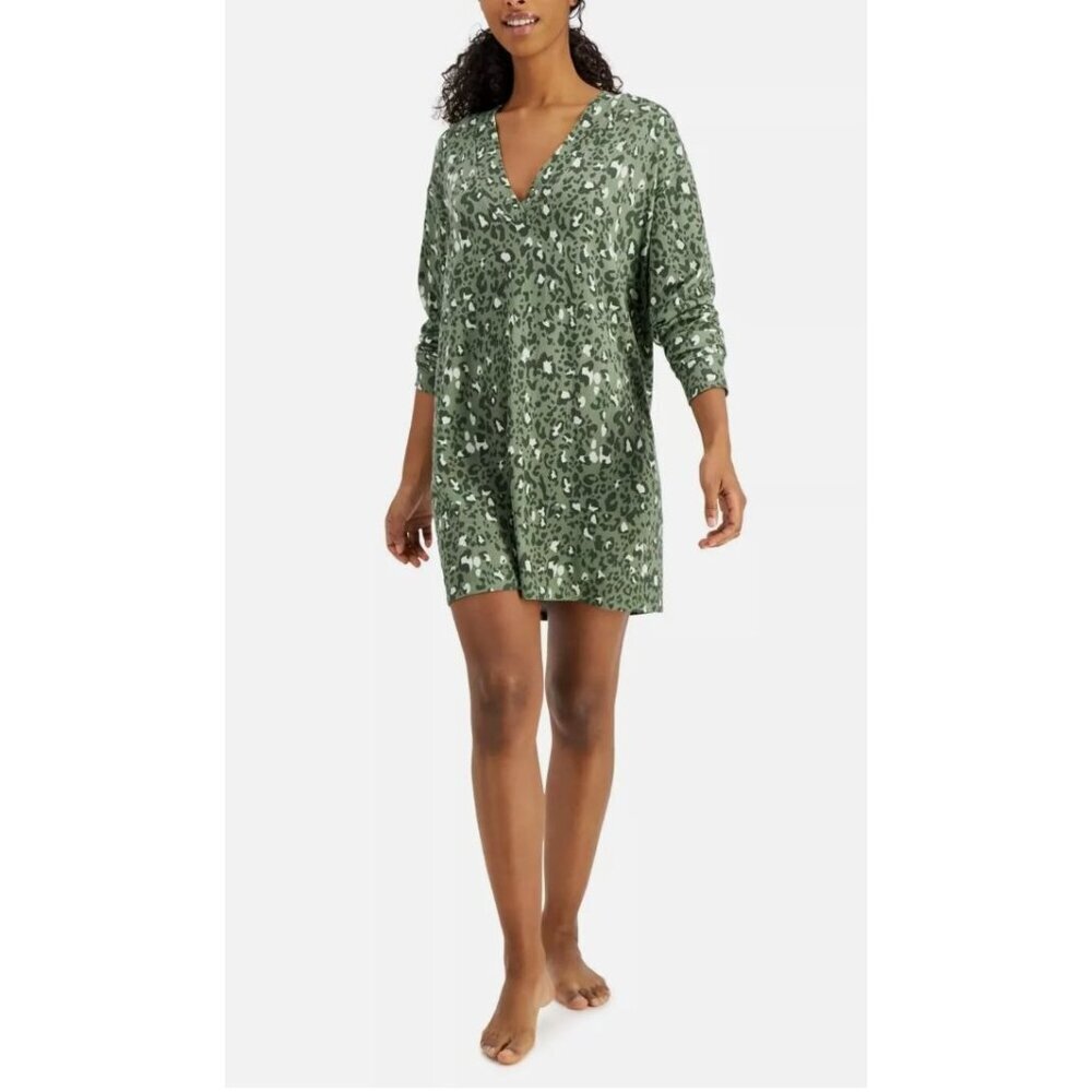 Jenni Women's S Long Sleeve Sleep Dress Nightgown Green Animal Print Lounge